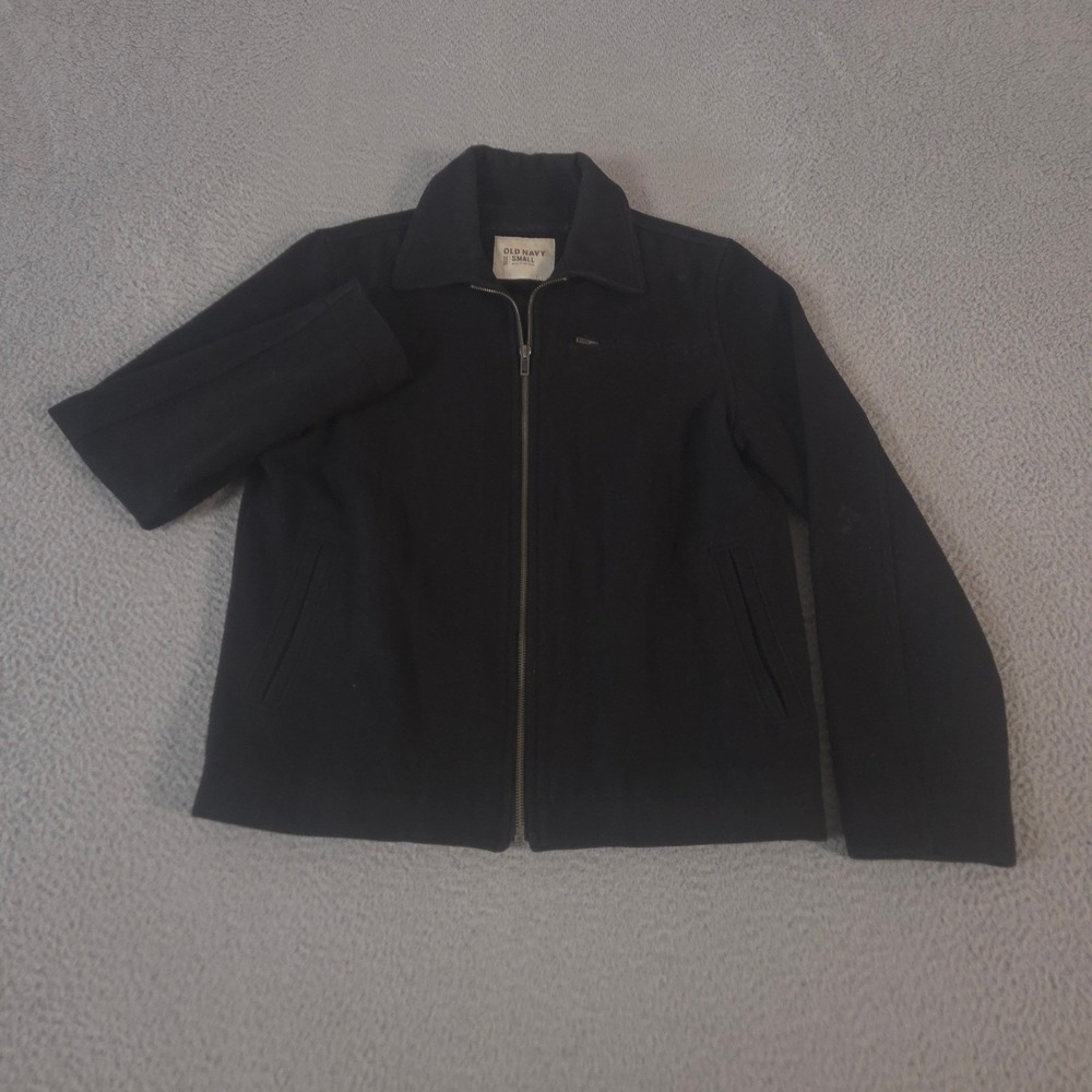 VINTAGE Old Navy Jacket Mens Small Black Recycled Wool Blend Full Zip Coat Y2K